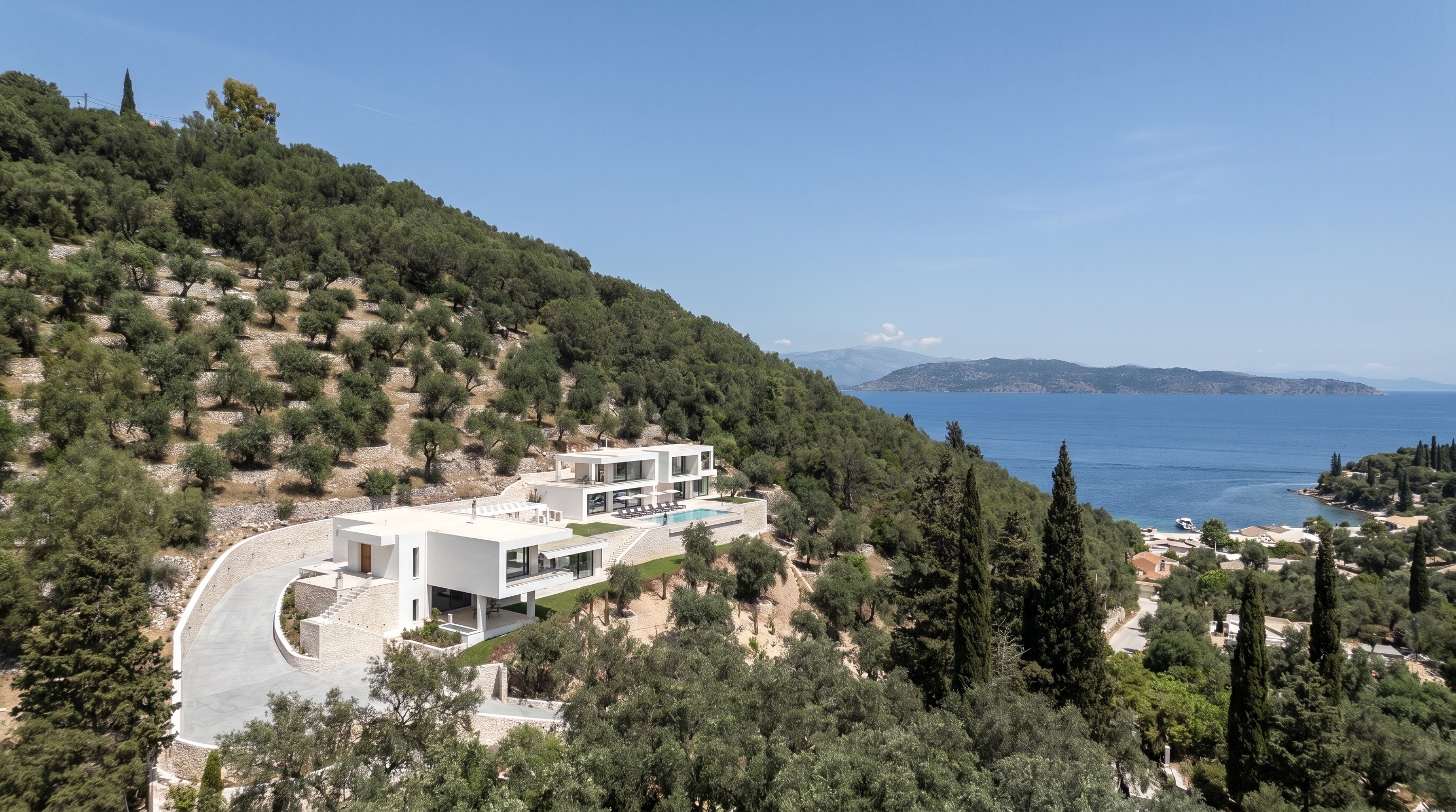 Villa No. 6, A steep hillside held by tiers of limestone retaining walls and a sweeping stone stair.