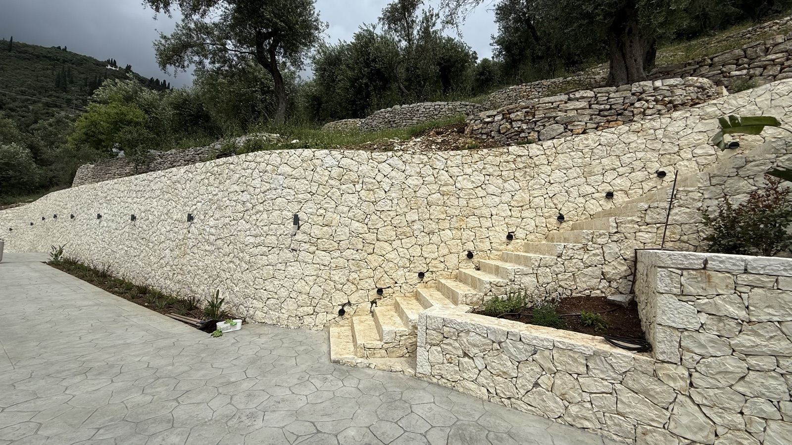The tall pale limestone retaining wall with its curved stone staircase sweeping up the hillside, olive trees above under a dark sky.